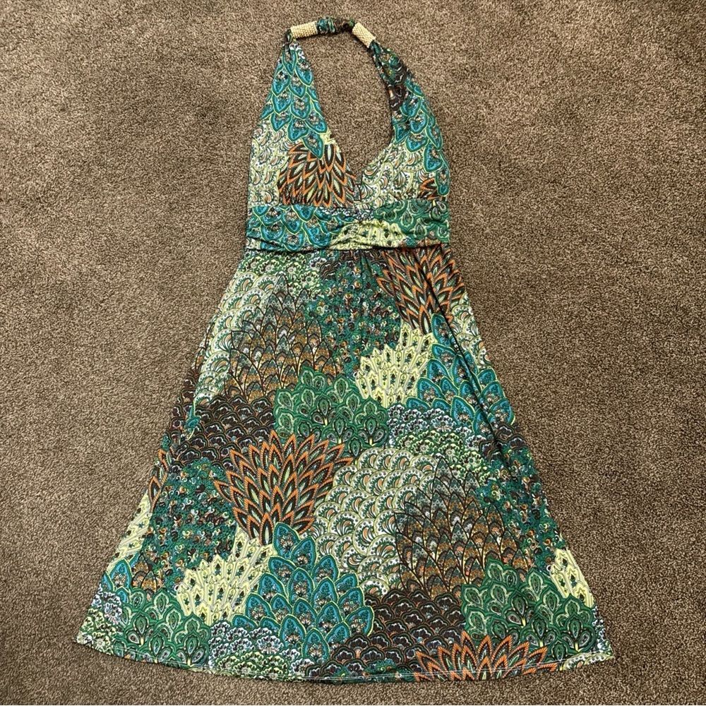 Claudia Richard Boho Paisley Patchwork Halter Dress Size L Babydoll Resort Beach